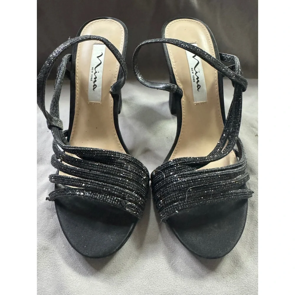 Nina New York Sandals Womens 7M Black Glitter Strappy Block Heel EUR 37 Shoes